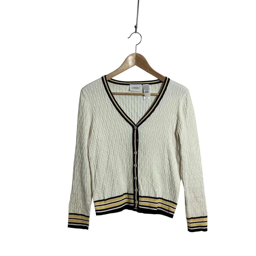 Lizgolf Womens Medium Cable Knit Cardigan Sweater White Tennis Prep Old Money